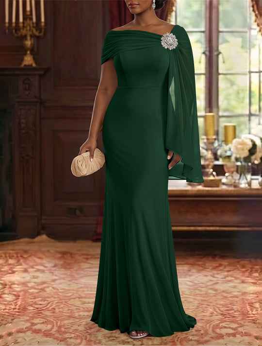 Robe Mère de la Mariée, Gaine/Colonne, Mousseline, Col Asymétrique, Manches Cape, Longueur au Sol, Froncée
