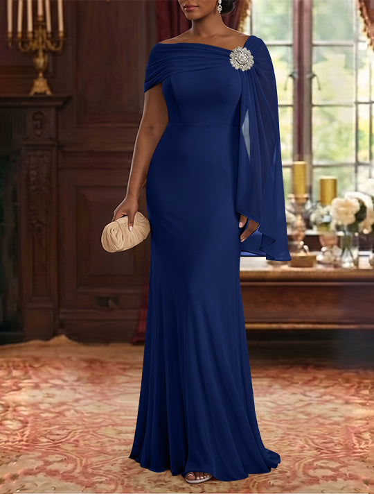 Robe Mère de la Mariée, Gaine/Colonne, Mousseline, Col Asymétrique, Manches Cape, Longueur au Sol, Froncée