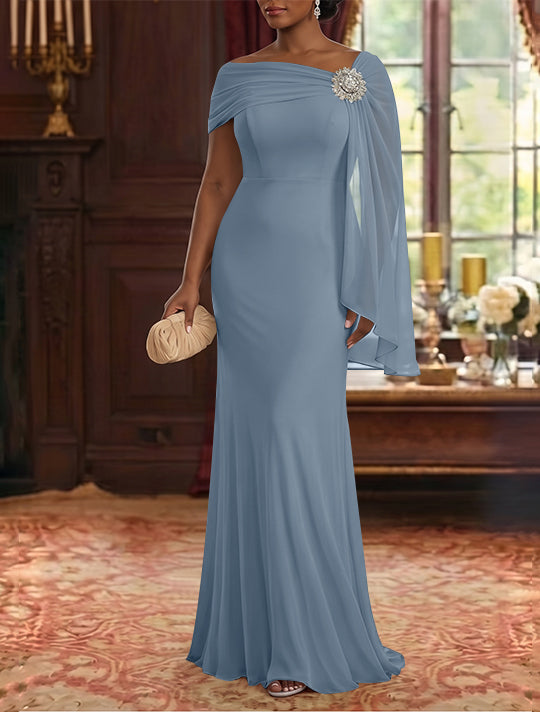 Robe Mère de la Mariée, Gaine/Colonne, Mousseline, Col Asymétrique, Manches Cape, Longueur au Sol, Froncée