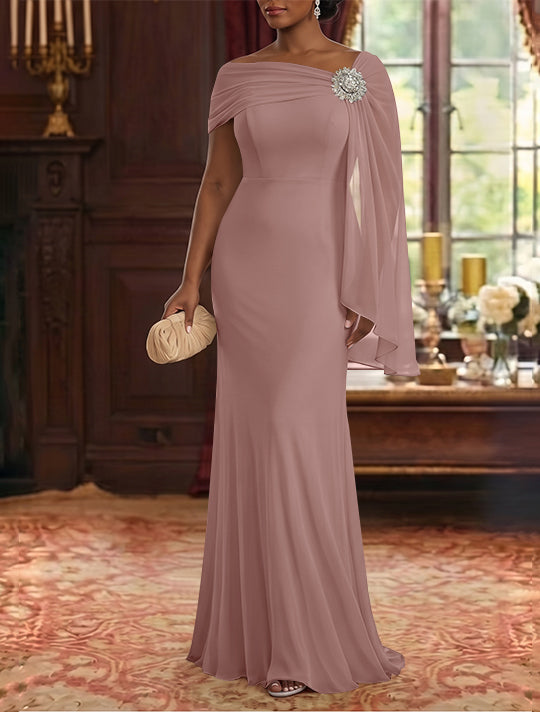 Robe Mère de la Mariée, Gaine/Colonne, Mousseline, Col Asymétrique, Manches Cape, Longueur au Sol, Froncée