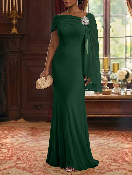 Robe Mère de la Mariée, Gaine/Colonne, Mousseline, Col Asymétrique, Manches Cape, Longueur au Sol, Froncée