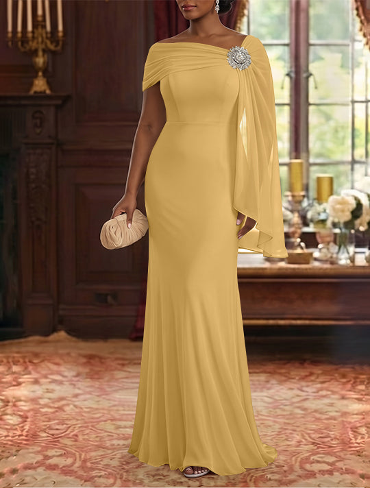 Robe Mère de la Mariée, Gaine/Colonne, Mousseline, Col Asymétrique, Manches Cape, Longueur au Sol, Froncée
