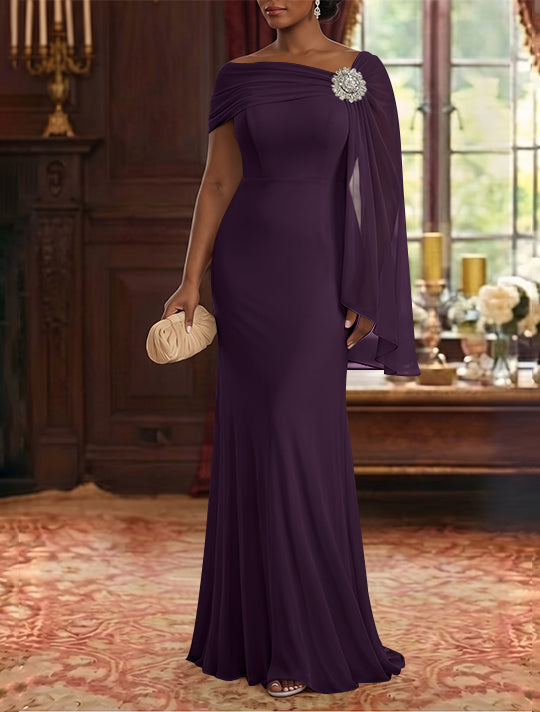 Robe Mère de la Mariée, Gaine/Colonne, Mousseline, Col Asymétrique, Manches Cape, Longueur au Sol, Froncée