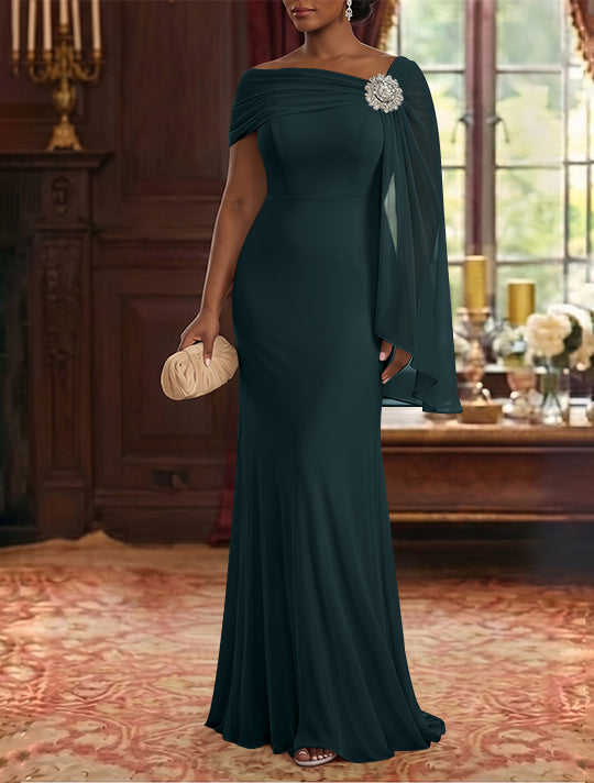 Robe Mère de la Mariée, Gaine/Colonne, Mousseline, Col Asymétrique, Manches Cape, Longueur au Sol, Froncée
