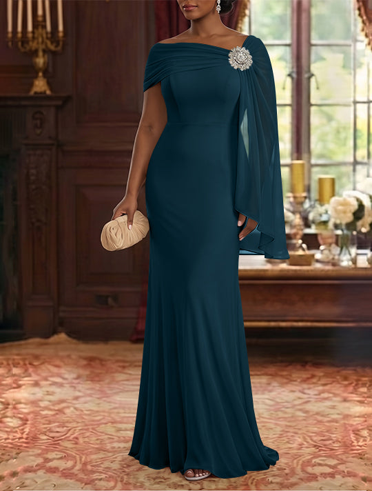 Robe Mère de la Mariée, Gaine/Colonne, Mousseline, Col Asymétrique, Manches Cape, Longueur au Sol, Froncée