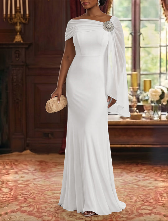 Robe Mère de la Mariée, Gaine/Colonne, Mousseline, Col Asymétrique, Manches Cape, Longueur au Sol, Froncée