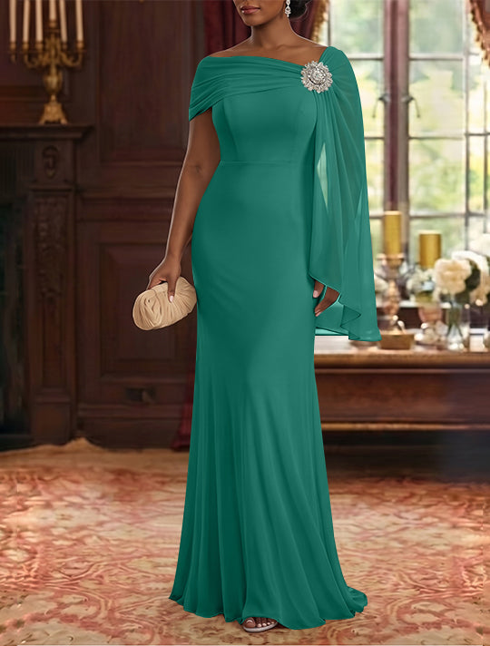 Robe Mère de la Mariée, Gaine/Colonne, Mousseline, Col Asymétrique, Manches Cape, Longueur au Sol, Froncée