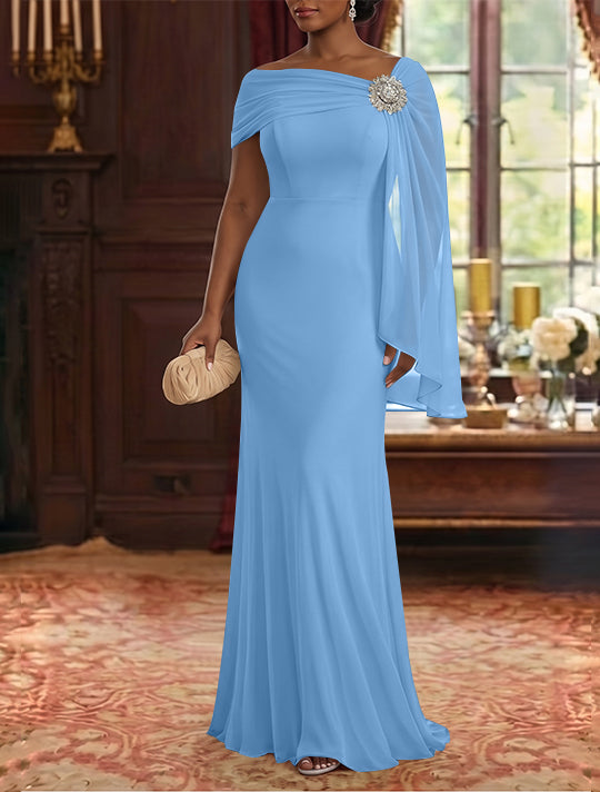 Robe Mère de la Mariée, Gaine/Colonne, Mousseline, Col Asymétrique, Manches Cape, Longueur au Sol, Froncée