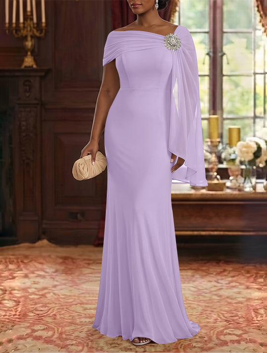Robe Mère de la Mariée, Gaine/Colonne, Mousseline, Col Asymétrique, Manches Cape, Longueur au Sol, Froncée