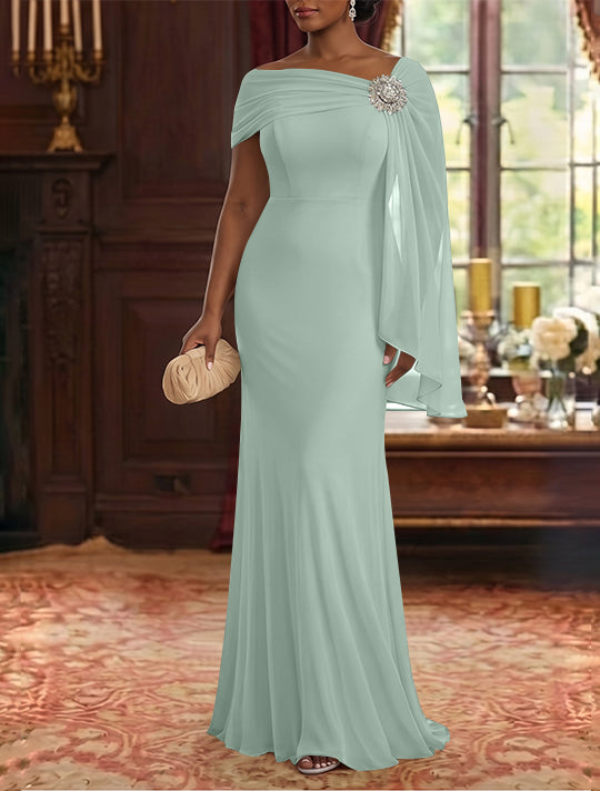 Robe Mère de la Mariée, Gaine/Colonne, Mousseline, Col Asymétrique, Manches Cape, Longueur au Sol, Froncée