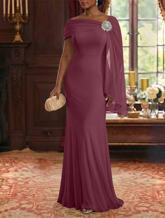 Robe Mère de la Mariée, Gaine/Colonne, Mousseline, Col Asymétrique, Manches Cape, Longueur au Sol, Froncée