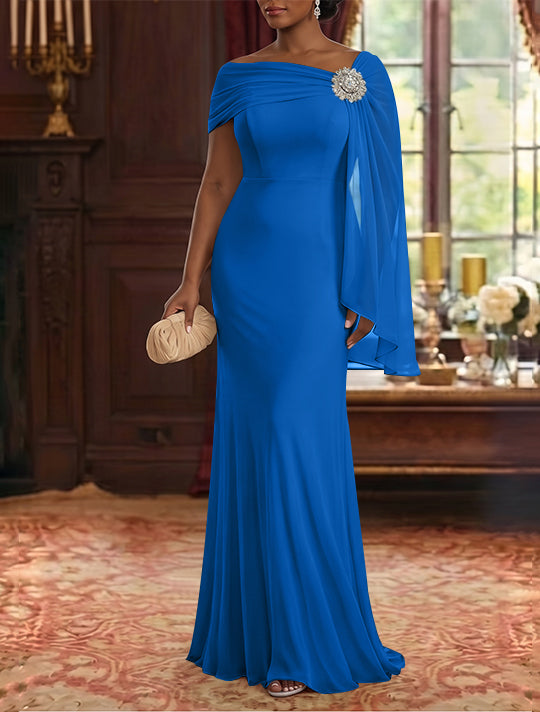 Robe Mère de la Mariée, Gaine/Colonne, Mousseline, Col Asymétrique, Manches Cape, Longueur au Sol, Froncée