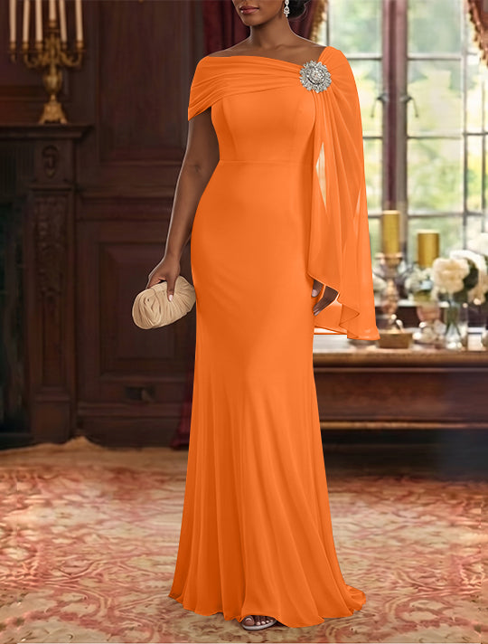 Robe Mère de la Mariée, Gaine/Colonne, Mousseline, Col Asymétrique, Manches Cape, Longueur au Sol, Froncée