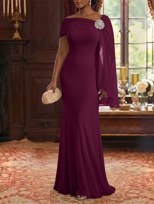 Robe Mère de la Mariée, Gaine/Colonne, Mousseline, Col Asymétrique, Manches Cape, Longueur au Sol, Froncée