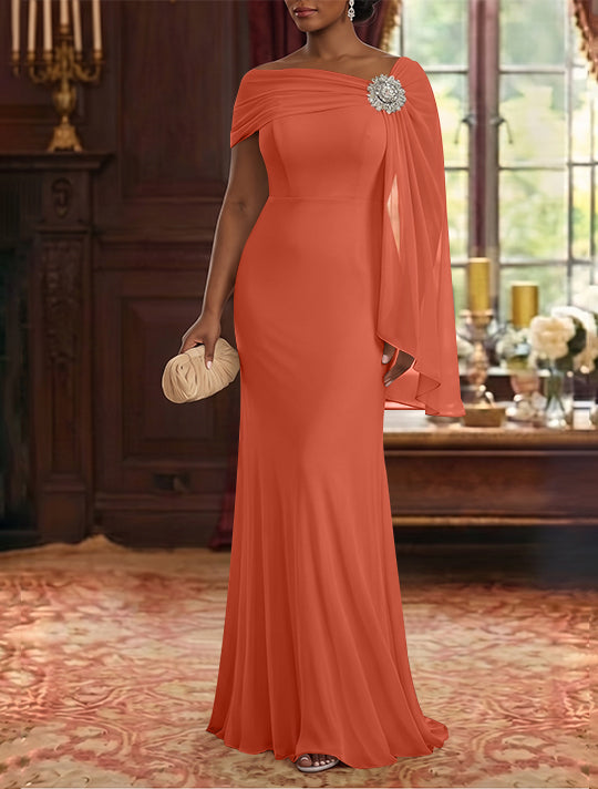 Robe Mère de la Mariée, Gaine/Colonne, Mousseline, Col Asymétrique, Manches Cape, Longueur au Sol, Froncée