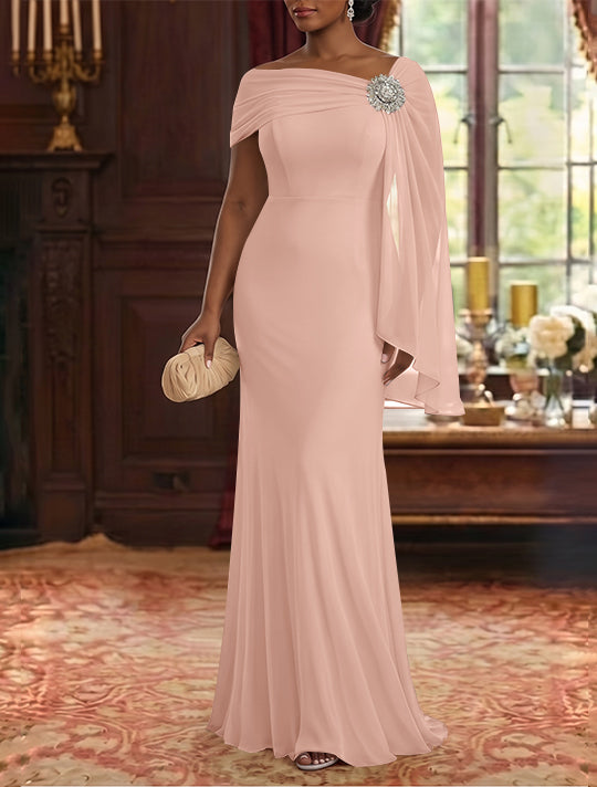 Robe Mère de la Mariée, Gaine/Colonne, Mousseline, Col Asymétrique, Manches Cape, Longueur au Sol, Froncée