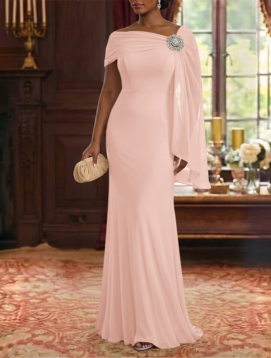 Robe Mère de la Mariée, Gaine/Colonne, Mousseline, Col Asymétrique, Manches Cape, Longueur au Sol, Froncée