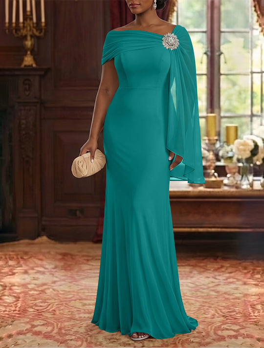 Robe Mère de la Mariée, Gaine/Colonne, Mousseline, Col Asymétrique, Manches Cape, Longueur au Sol, Froncée