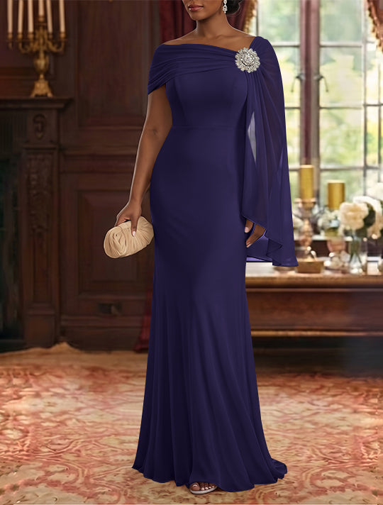 Robe Mère de la Mariée, Gaine/Colonne, Mousseline, Col Asymétrique, Manches Cape, Longueur au Sol, Froncée
