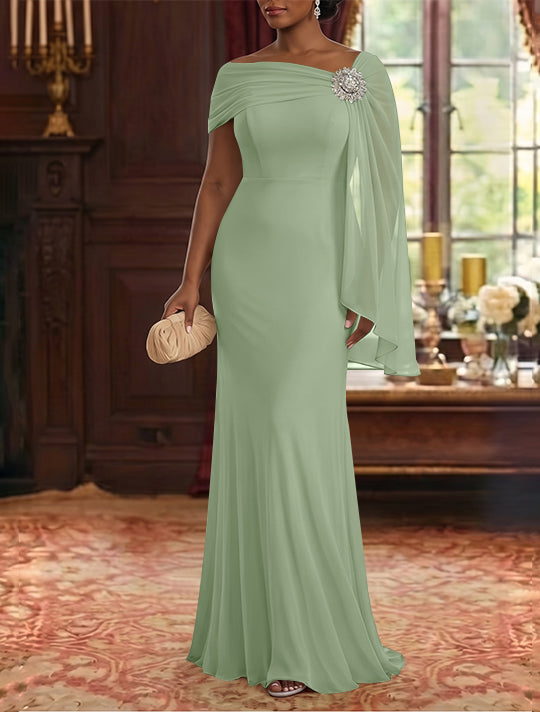 Robe Mère de la Mariée, Gaine/Colonne, Mousseline, Col Asymétrique, Manches Cape, Longueur au Sol, Froncée