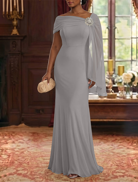 Robe Mère de la Mariée, Gaine/Colonne, Mousseline, Col Asymétrique, Manches Cape, Longueur au Sol, Froncée