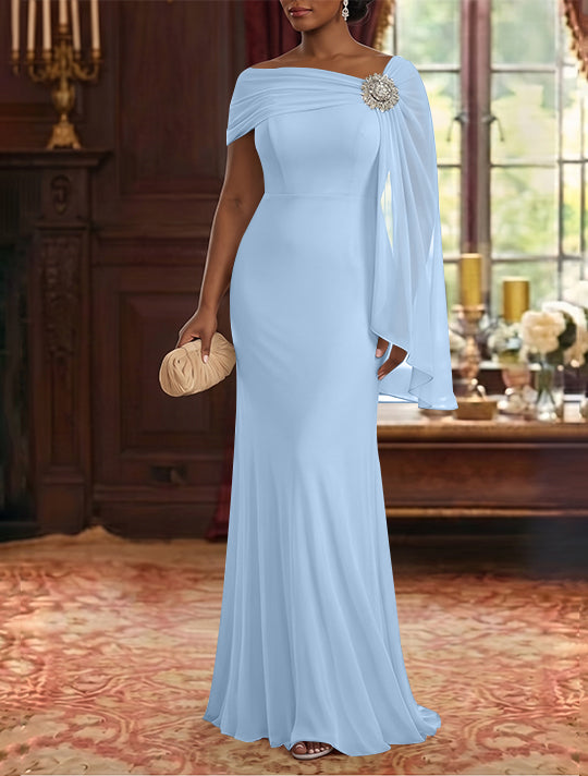 Robe Mère de la Mariée, Gaine/Colonne, Mousseline, Col Asymétrique, Manches Cape, Longueur au Sol, Froncée
