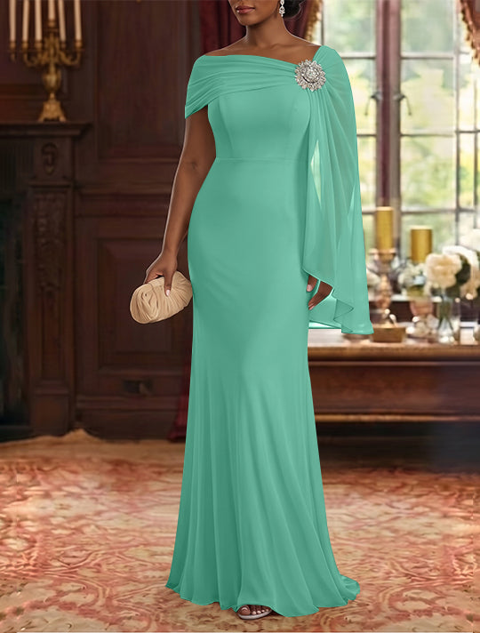 Robe Mère de la Mariée, Gaine/Colonne, Mousseline, Col Asymétrique, Manches Cape, Longueur au Sol, Froncée
