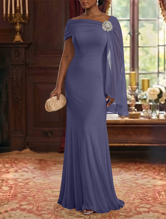 Robe Mère de la Mariée, Gaine/Colonne, Mousseline, Col Asymétrique, Manches Cape, Longueur au Sol, Froncée