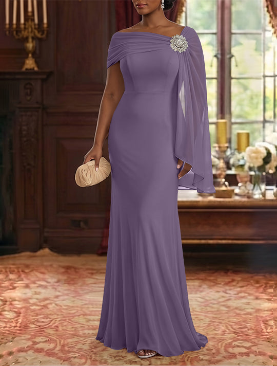 Robe Mère de la Mariée, Gaine/Colonne, Mousseline, Col Asymétrique, Manches Cape, Longueur au Sol, Froncée