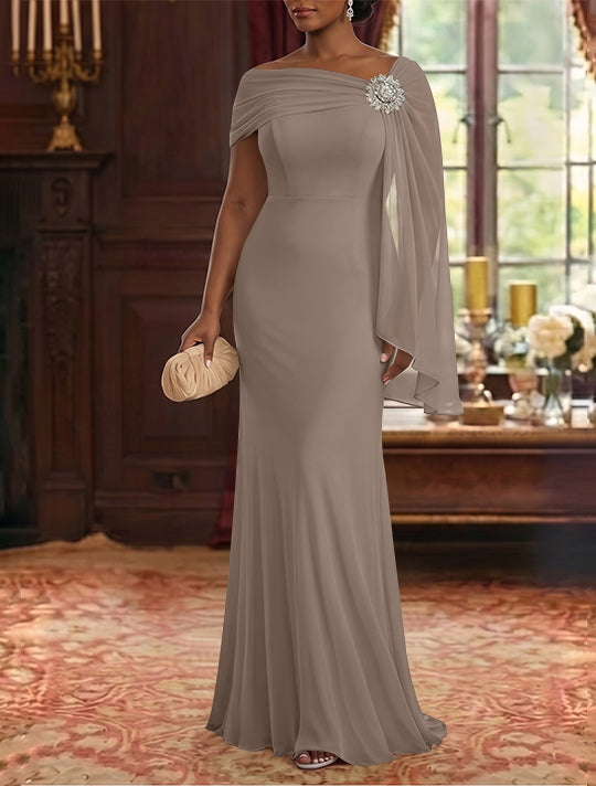 Robe Mère de la Mariée, Gaine/Colonne, Mousseline, Col Asymétrique, Manches Cape, Longueur au Sol, Froncée