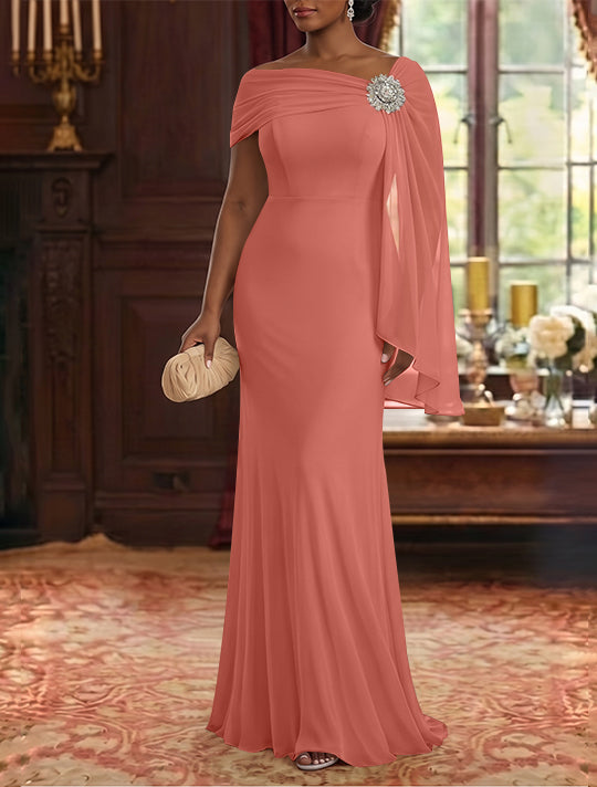 Robe Mère de la Mariée, Gaine/Colonne, Mousseline, Col Asymétrique, Manches Cape, Longueur au Sol, Froncée