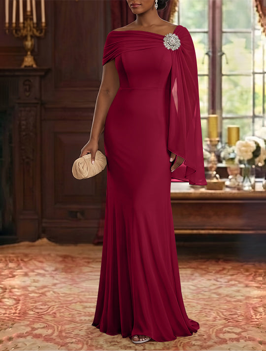 Robe Mère de la Mariée, Gaine/Colonne, Mousseline, Col Asymétrique, Manches Cape, Longueur au Sol, Froncée
