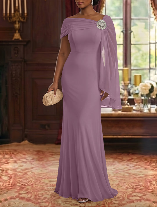 Robe Mère de la Mariée, Gaine/Colonne, Mousseline, Col Asymétrique, Manches Cape, Longueur au Sol, Froncée