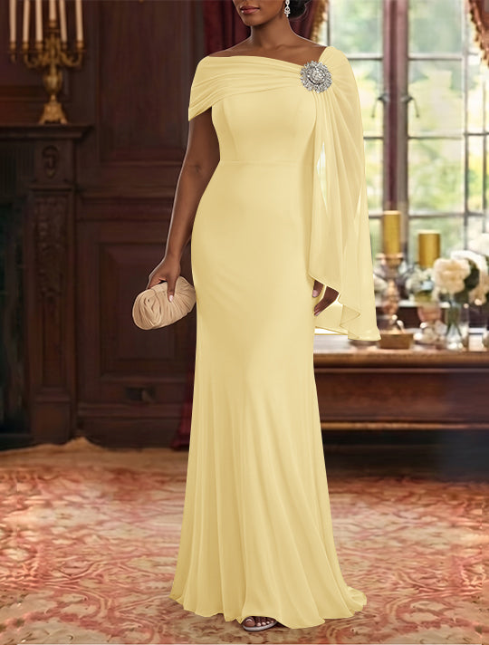 Robe Mère de la Mariée, Gaine/Colonne, Mousseline, Col Asymétrique, Manches Cape, Longueur au Sol, Froncée