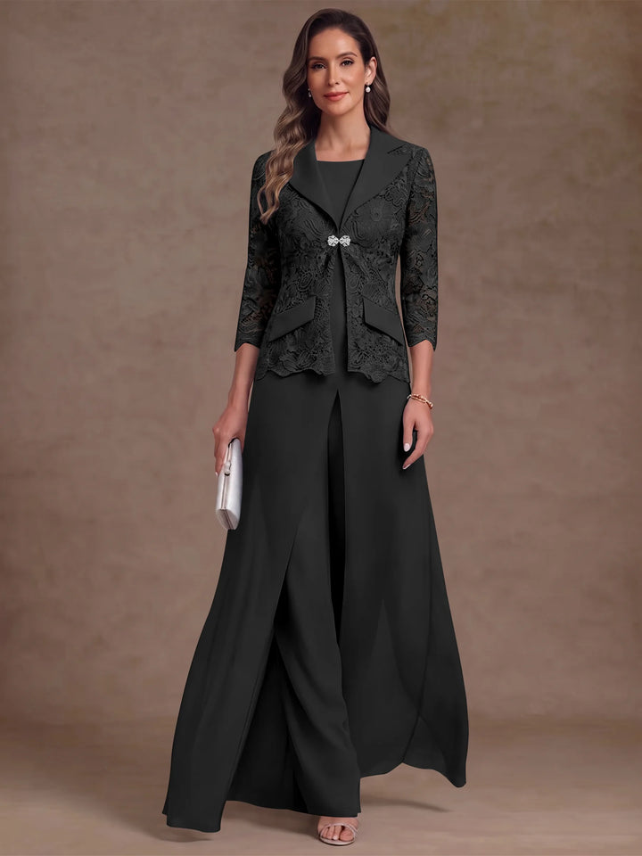 3 Pièces Tailleur Pantalon Mère de la Mariée en Mousseline, Col Rond, Longueur Cheville, Manches 3/4, avec Veste et Surjupe en Dentelle
