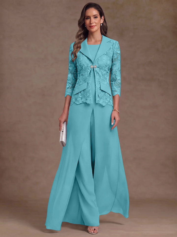 3 Pièces Tailleur Pantalon Mère de la Mariée en Mousseline, Col Rond, Longueur Cheville, Manches 3/4, avec Veste et Surjupe en Dentelle