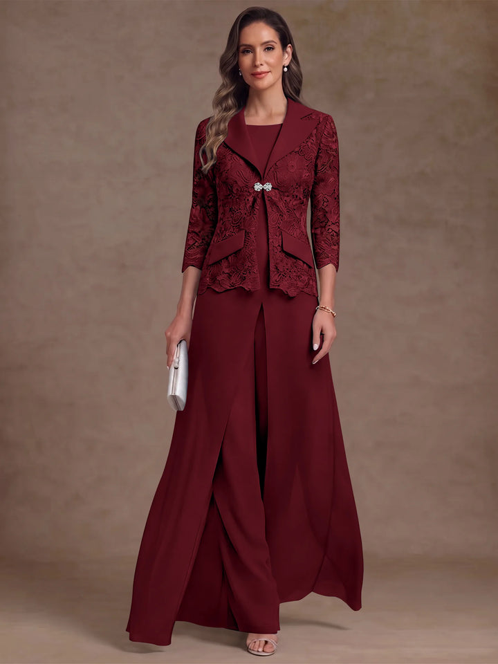 3 Pièces Tailleur Pantalon Mère de la Mariée en Mousseline, Col Rond, Longueur Cheville, Manches 3/4, avec Veste et Surjupe en Dentelle
