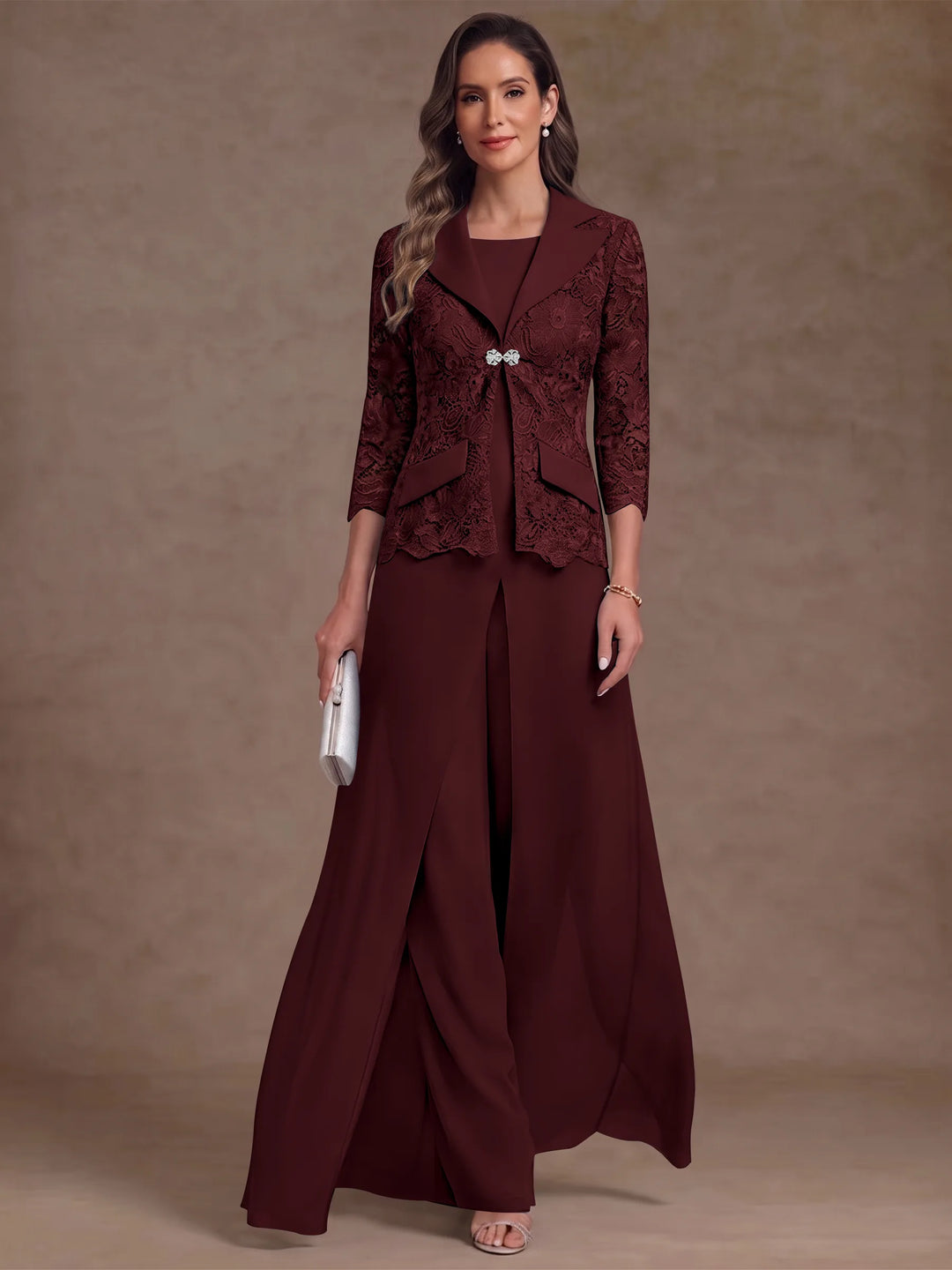 3 Pièces Tailleur Pantalon Mère de la Mariée en Mousseline, Col Rond, Longueur Cheville, Manches 3/4, avec Veste et Surjupe en Dentelle