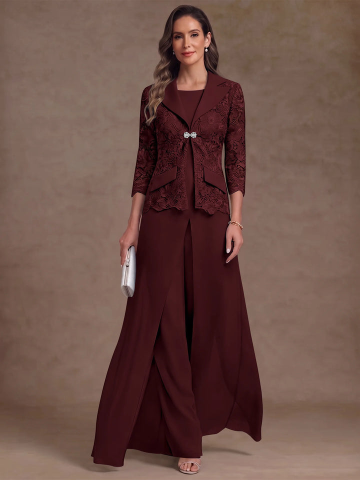 3 Pièces Tailleur Pantalon Mère de la Mariée en Mousseline, Col Rond, Longueur Cheville, Manches 3/4, avec Veste et Surjupe en Dentelle