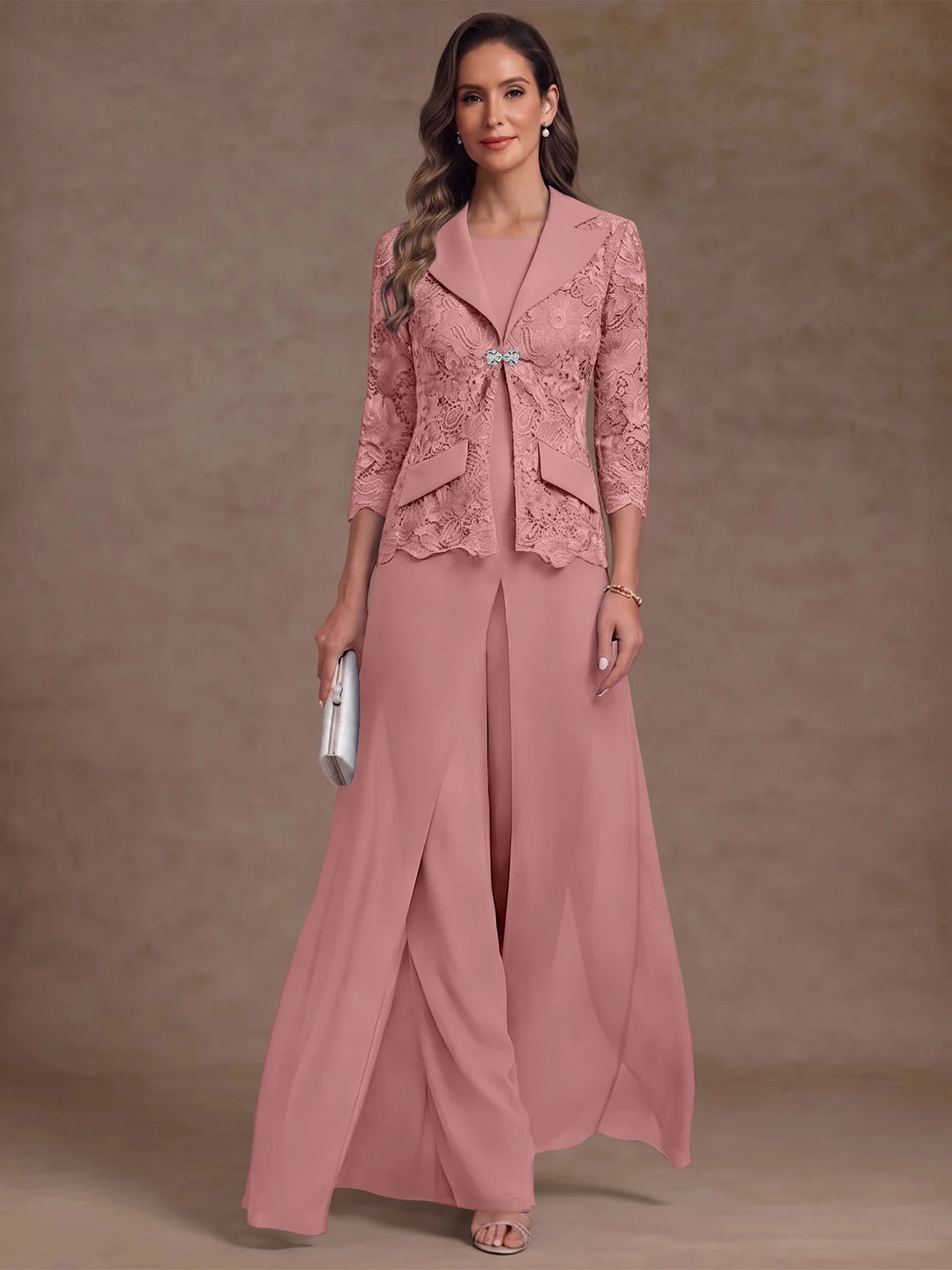 3 Pièces Tailleur Pantalon Mère de la Mariée en Mousseline, Col Rond, Longueur Cheville, Manches 3/4, avec Veste et Surjupe en Dentelle