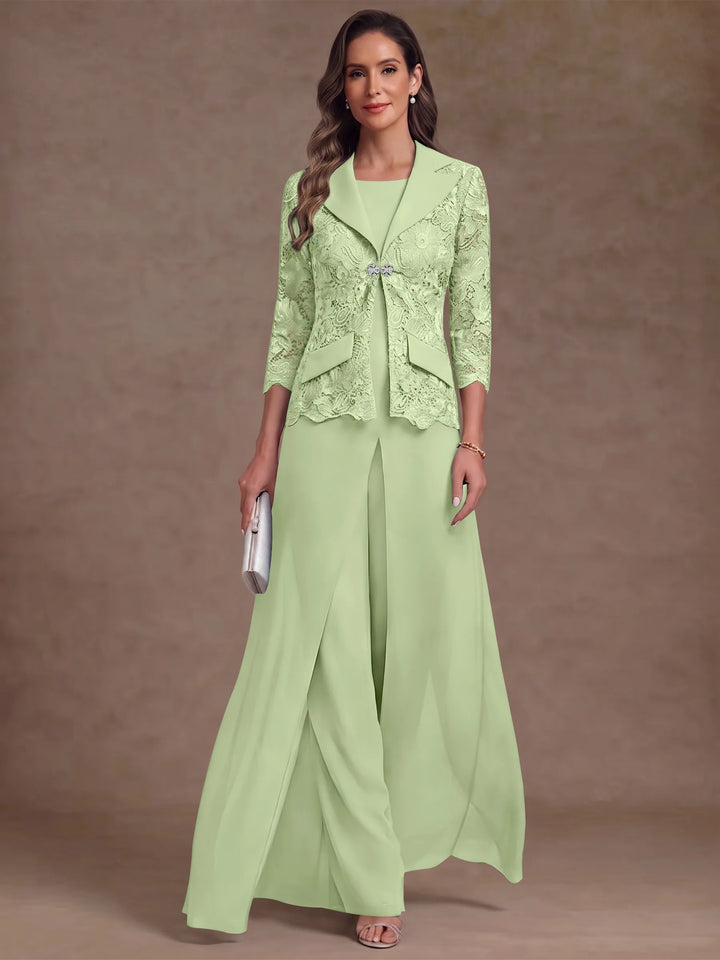 3 Pièces Tailleur Pantalon Mère de la Mariée en Mousseline, Col Rond, Longueur Cheville, Manches 3/4, avec Veste et Surjupe en Dentelle