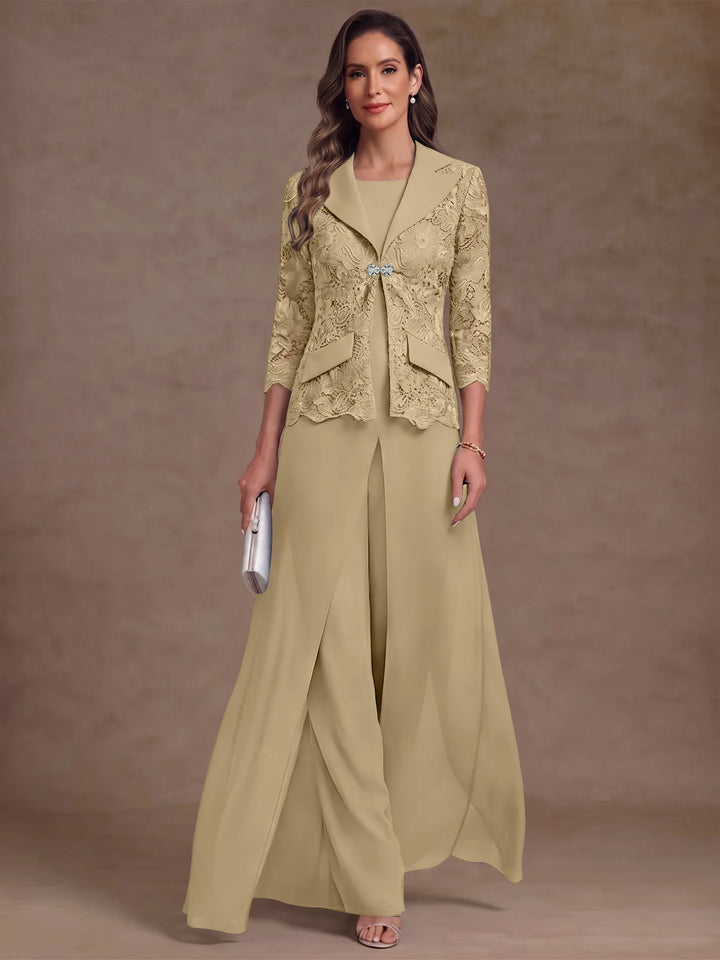 3 Pièces Tailleur Pantalon Mère de la Mariée en Mousseline, Col Rond, Longueur Cheville, Manches 3/4, avec Veste et Surjupe en Dentelle