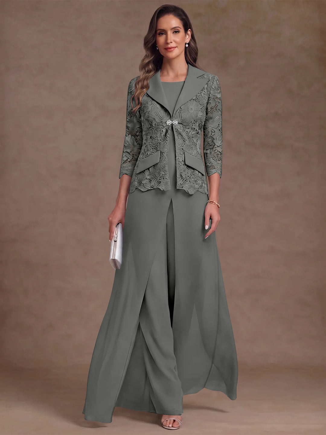 3 Pièces Tailleur Pantalon Mère de la Mariée en Mousseline, Col Rond, Longueur Cheville, Manches 3/4, avec Veste et Surjupe en Dentelle