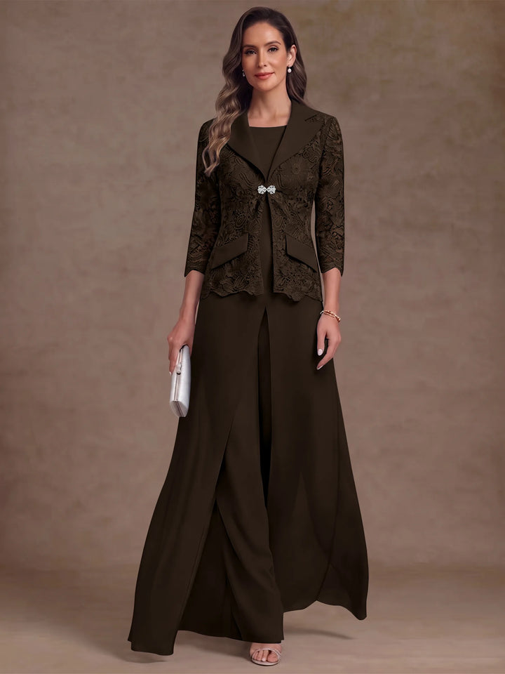 3 Pièces Tailleur Pantalon Mère de la Mariée en Mousseline, Col Rond, Longueur Cheville, Manches 3/4, avec Veste et Surjupe en Dentelle