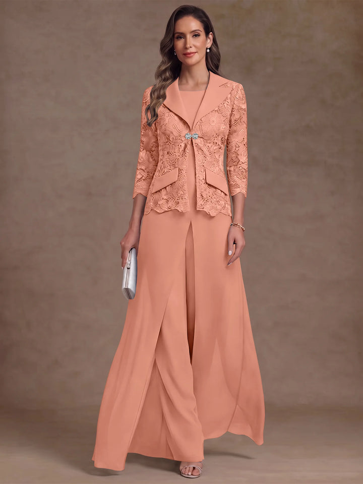 3 Pièces Tailleur Pantalon Mère de la Mariée en Mousseline, Col Rond, Longueur Cheville, Manches 3/4, avec Veste et Surjupe en Dentelle