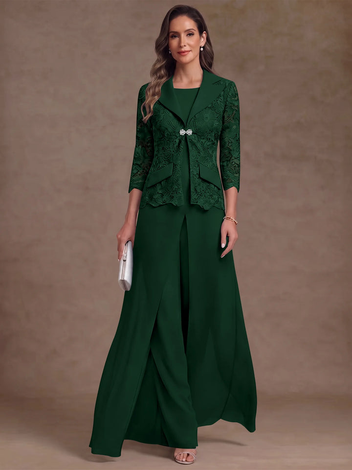3 Pièces Tailleur Pantalon Mère de la Mariée en Mousseline, Col Rond, Longueur Cheville, Manches 3/4, avec Veste et Surjupe en Dentelle
