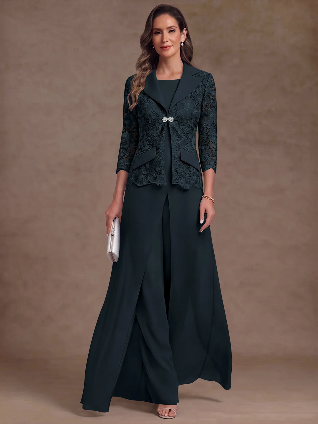 3 Pièces Tailleur Pantalon Mère de la Mariée en Mousseline, Col Rond, Longueur Cheville, Manches 3/4, avec Veste et Surjupe en Dentelle