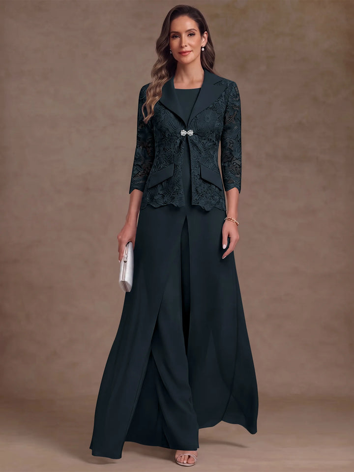 3 Pièces Tailleur Pantalon Mère de la Mariée en Mousseline, Col Rond, Longueur Cheville, Manches 3/4, avec Veste et Surjupe en Dentelle