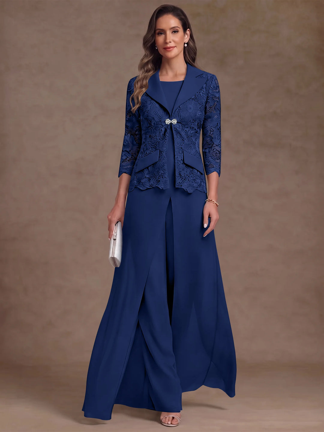3 Pièces Tailleur Pantalon Mère de la Mariée en Mousseline, Col Rond, Longueur Cheville, Manches 3/4, avec Veste et Surjupe en Dentelle