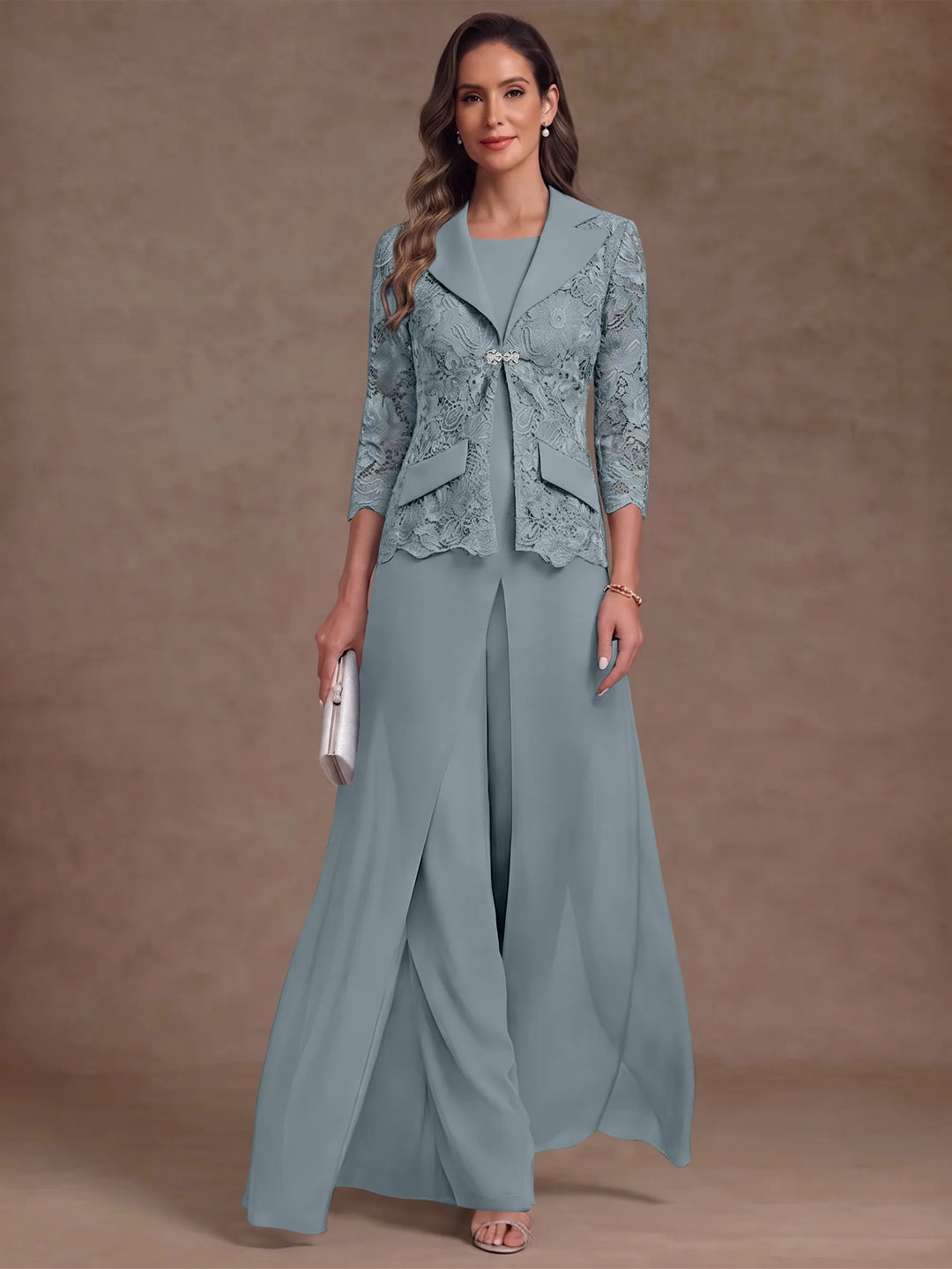 3 Pièces Tailleur Pantalon Mère de la Mariée en Mousseline, Col Rond, Longueur Cheville, Manches 3/4, avec Veste et Surjupe en Dentelle